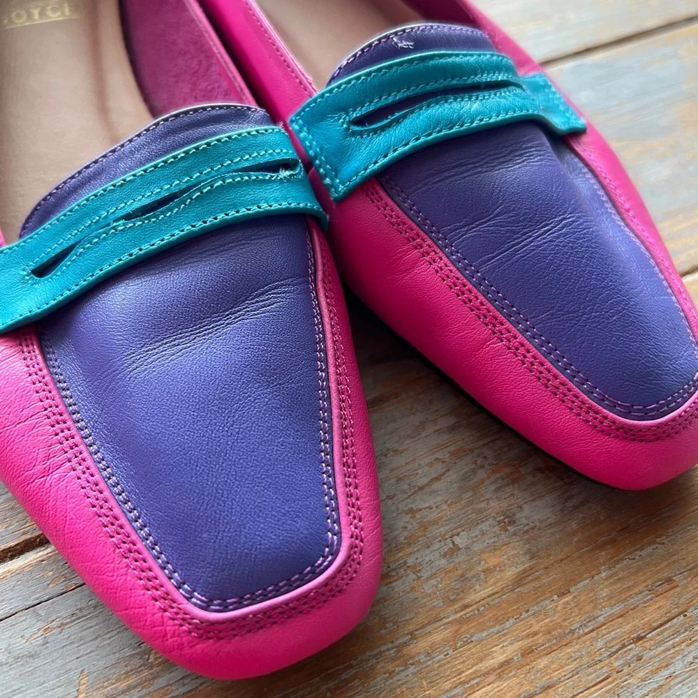 Vintage JOYCE Leather Loafers Colorblock Pink Purple Teal Statement, Size 9 - Picture 7 of 7